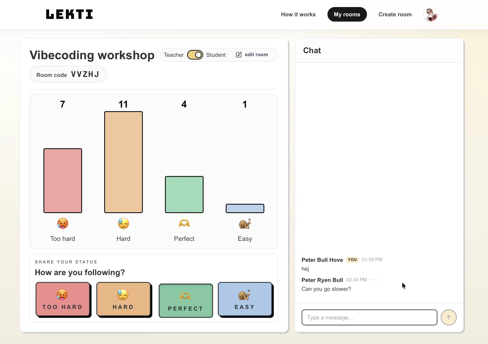 Lekti-rommet Vibecoding workshop med live statusdiagram, statusknapper og chat